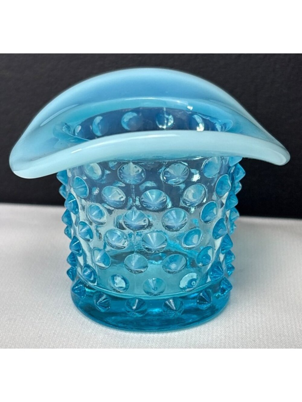 Fenton Art Glass Blue Opalescent Hobnail Top Hat Candle Holder USA Vintage